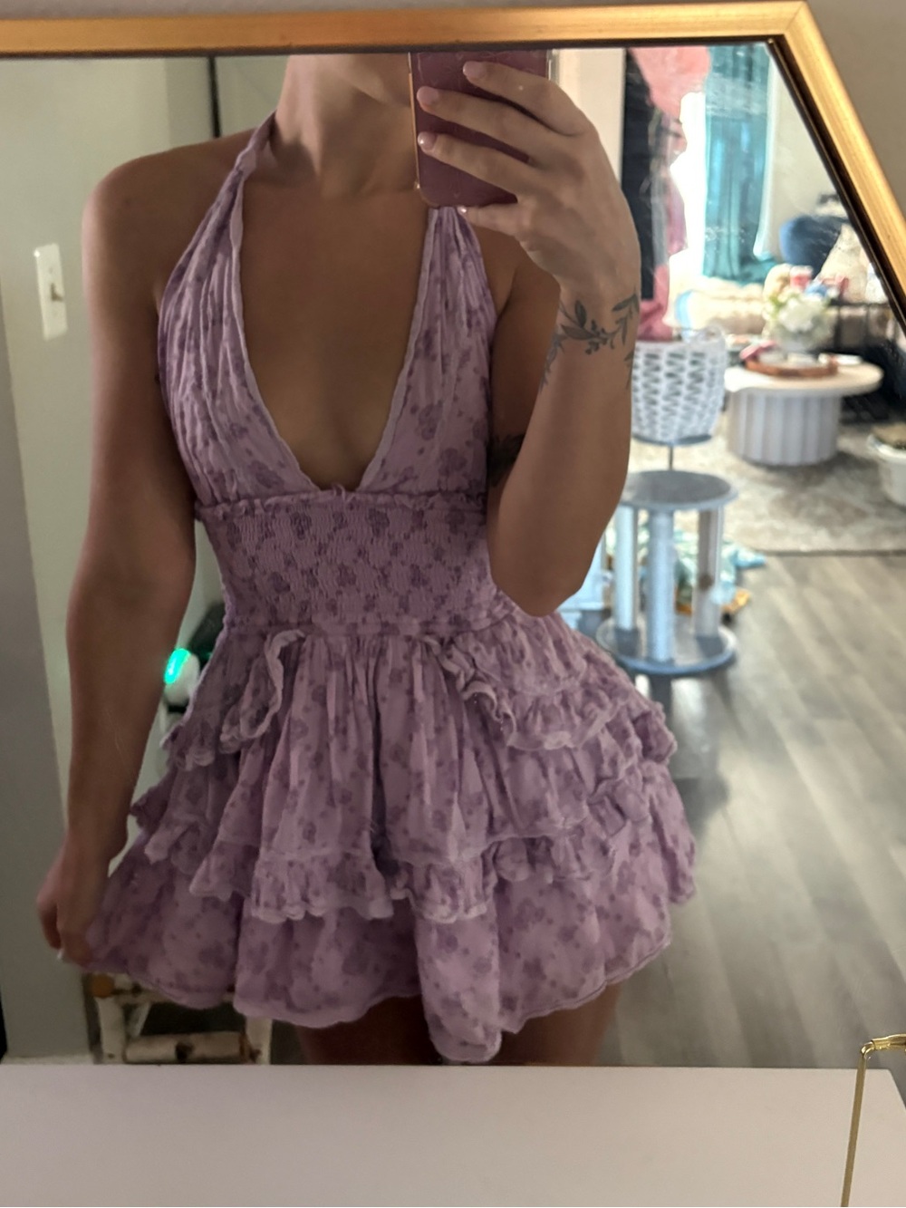 LoveShackFancy Lavender Floral Ruffle Halter Mini Dress